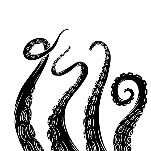 Set of black silhouette sketches octopus tentacles. Creepy limbs of marine inhabitants. Vector object for logos, tattoos, cards and your design.
