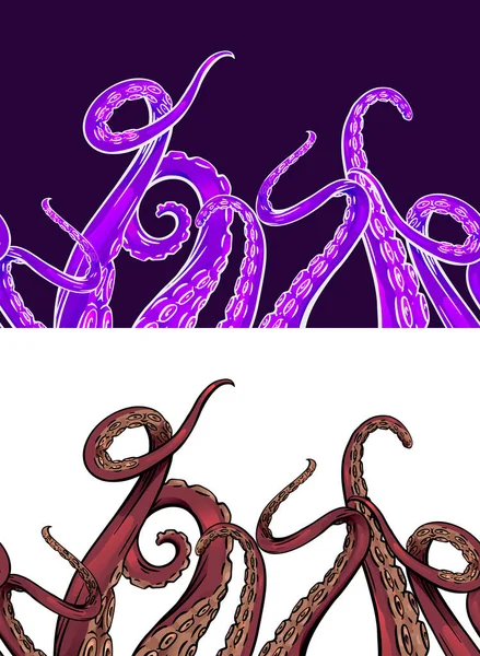 Set Neon Seamless Border Cartoon Silhouette Hand Drawn Sketches Octopus — Stock Vector