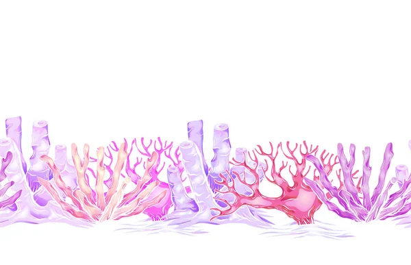 Frontera Horizontal Sin Costuras Con Corales Neón Dibujos Animados Arrecifes — Archivo Imágenes Vectoriales