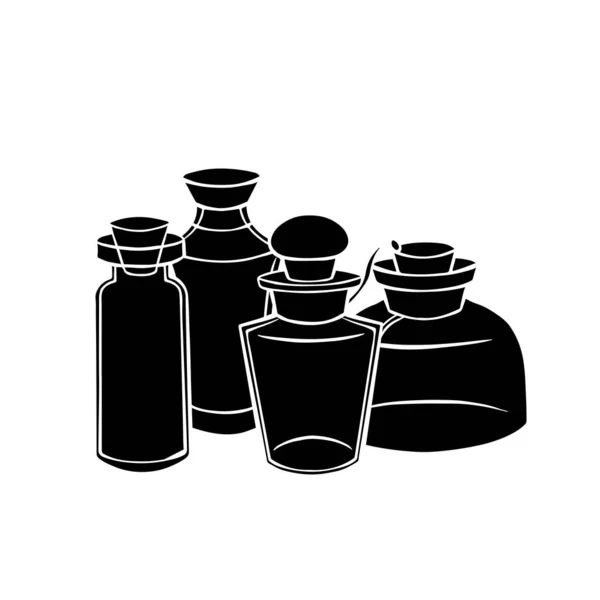 Médecine Naturelle Médecine Parfums Potions Silhouette Noire Petites Bouteilles Flacons — Image vectorielle