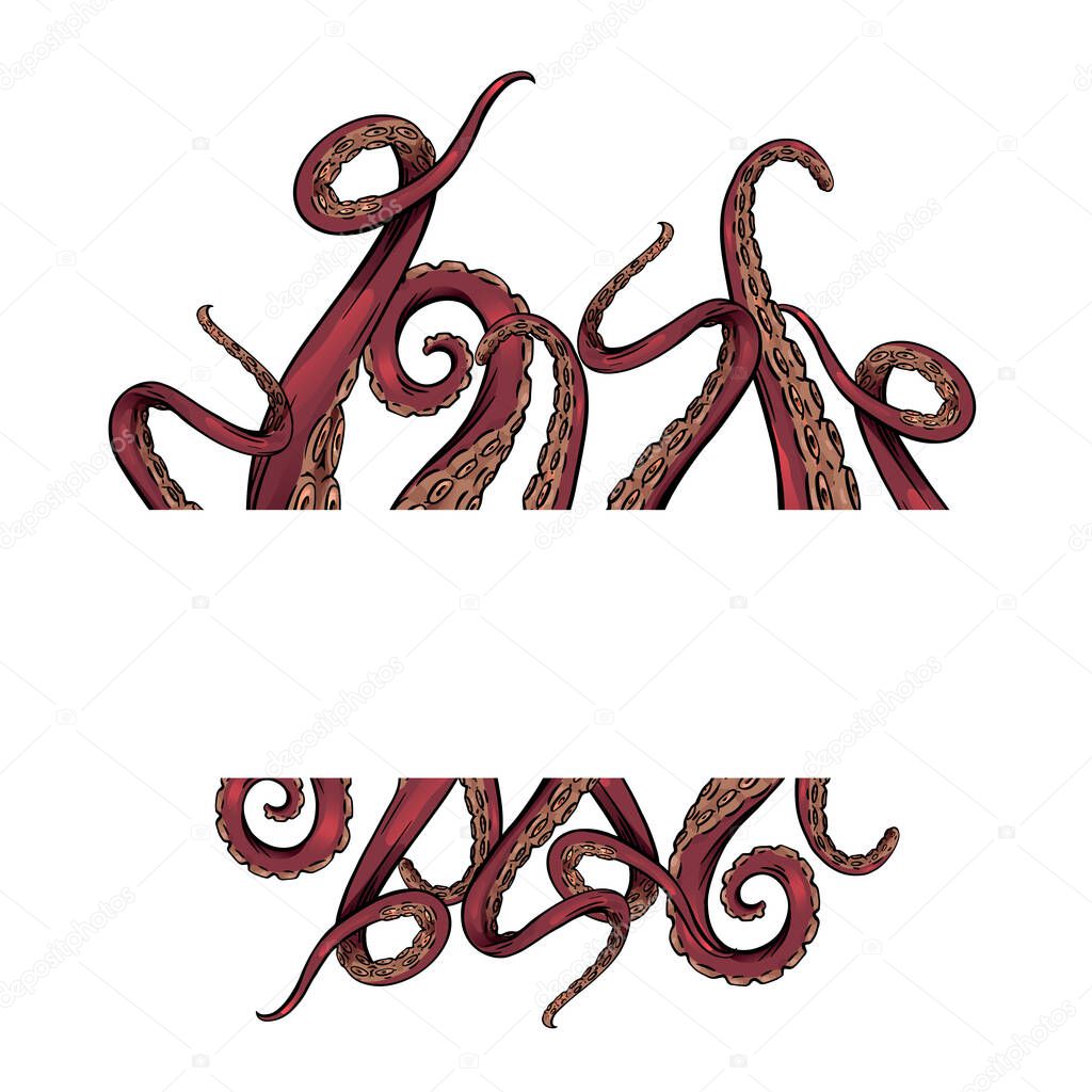Frame with color cartoon sketches octopus tentacles and place for text. Creepy limbs of marine inhabitants. Vector template for banner, border, card and your design.