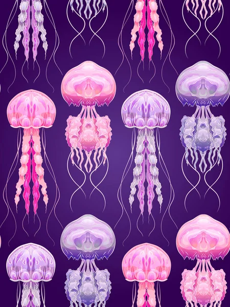 Neon Cartoon Pattern Fluorescent Jellyfish Purple Background Underwater Sea World — Stock Vector