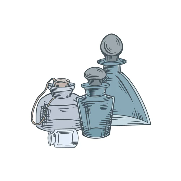Médecine Naturelle Médecine Parfums Potions Croquis Coloré Petites Bouteilles Flacons — Image vectorielle