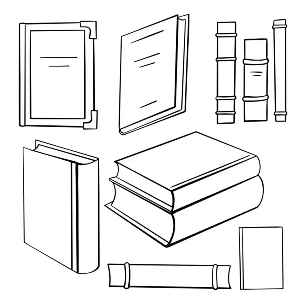 Conjunto Libros Contorno Diferentes Varias Formas Pilas Espinas Libros Cuadernos — Vector de stock