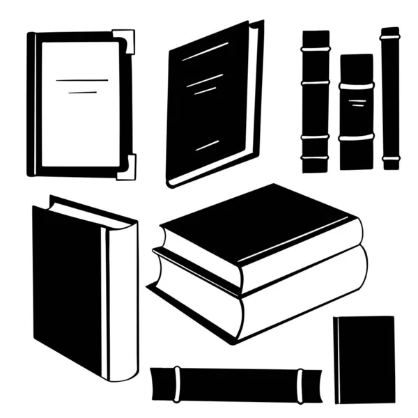 Conjunto Silueta Negra Diferentes Libros Varias Formas Pilas Espinas Libros — Vector de stock