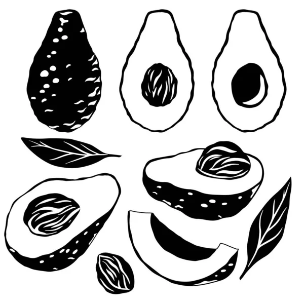 Set Von Schwarzen Avocados Mit Silhouette Verschiedene Elemente Von Avocadoscheiben — Stockvektor