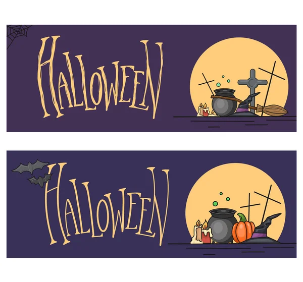 Set Horizontal Holiday Banners Halloween Illustration Lettering Cartoon Witch Cauldrons — Stock Vector