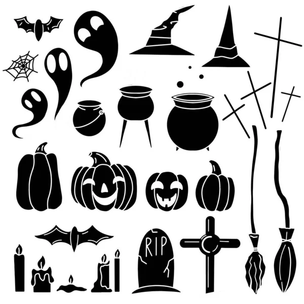 Fekete Sziluett Illusztrációk Ünnepi Halloweenre Boszorkánysapkák Seprűk Üstök Sírkövek Tökök — Stock Vector