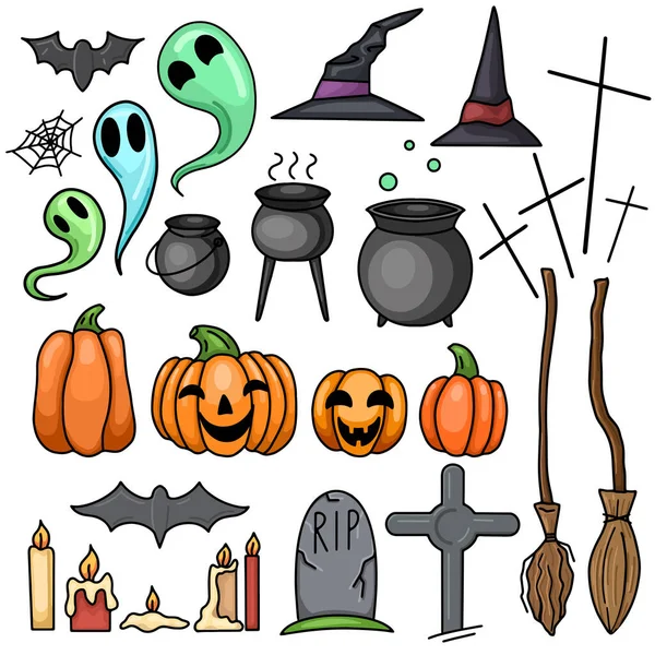 Állítsa Kontúr Illusztrációk Ünnep Halloween Boszorkánysapkák Seprűk Üstök Sírkövek Tökök — Stock Vector