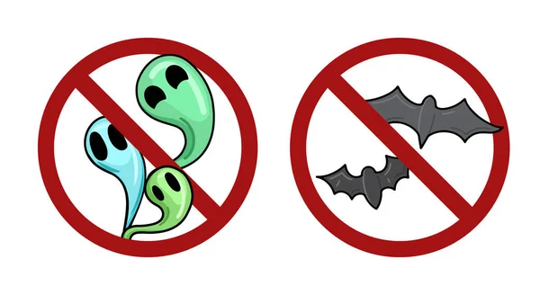 一组蝙蝠和鬼魂出现在禁食标志中 万圣节禁酒令禁止使用巫术 横幅和图案的矢量度假徽章 — 图库矢量图片