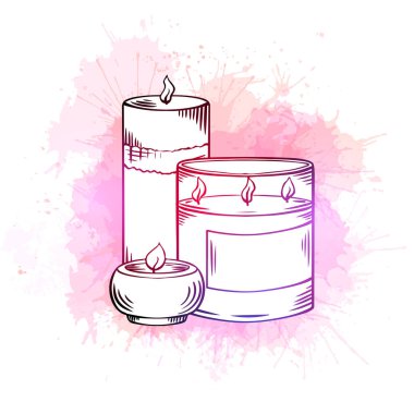 Rahatla mumlar. Yumurtadan çıkan siyah beyaz çizim. Camlı mum ve pembe neon renkli suluboya. Spa, rahatlama unsurları, tebrik kartları ve davetiyeler.