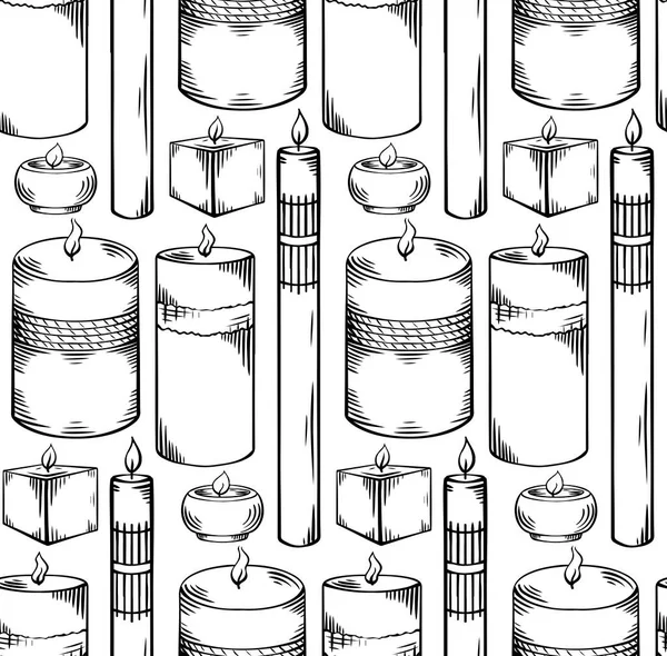Nahtloses Muster Mit Kerzen Reihe Schwarz Weiße Skizze Mit Schraffur — Stockvektor
