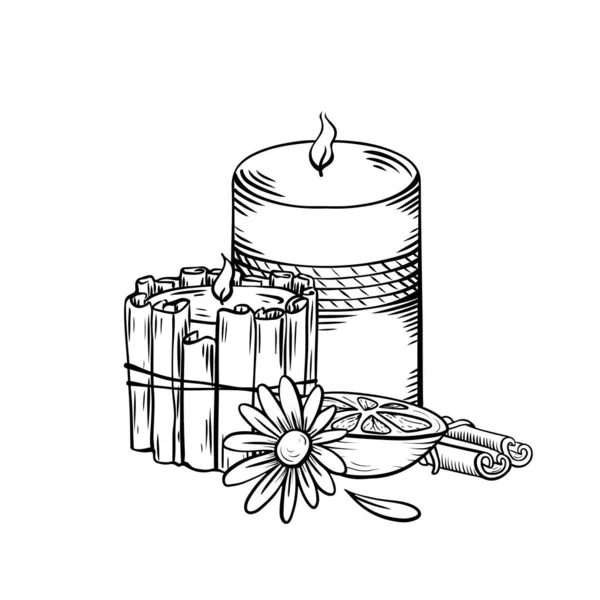 Relax Aroma Candles Black Sketch Shading Wax Candles Cinnamon Stick — Stock Vector