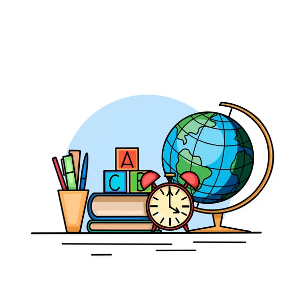 Okula Dönelim Kitapları Küreyi Saatleri Ofis Malzemelerini Birleştirin Öğrenci Için — Stok Vektör
