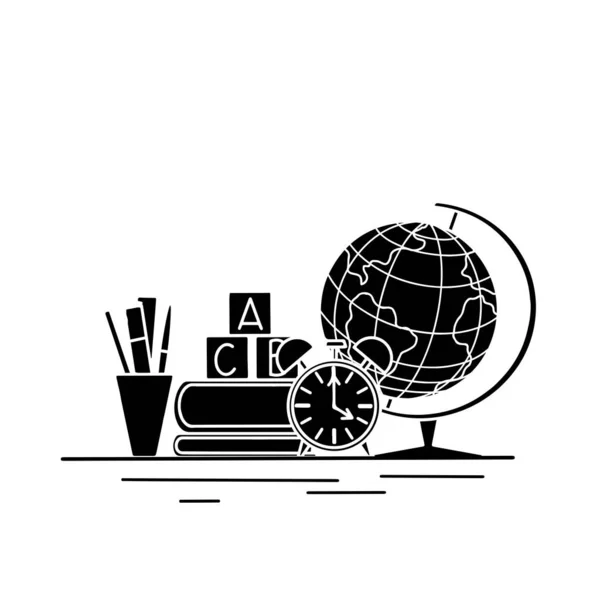 Vuelta Escuela Silueta Negra Libros Globo Relojes Material Oficina Mesa — Vector de stock