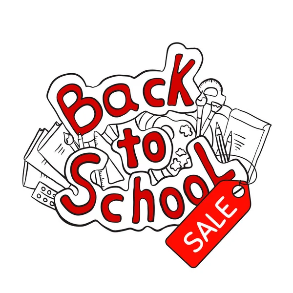 Zpátky Školního Výprodeje Obrysové Kreslené Nápisy Školním Papírnictvím Knihy Speciální — Stockový vektor