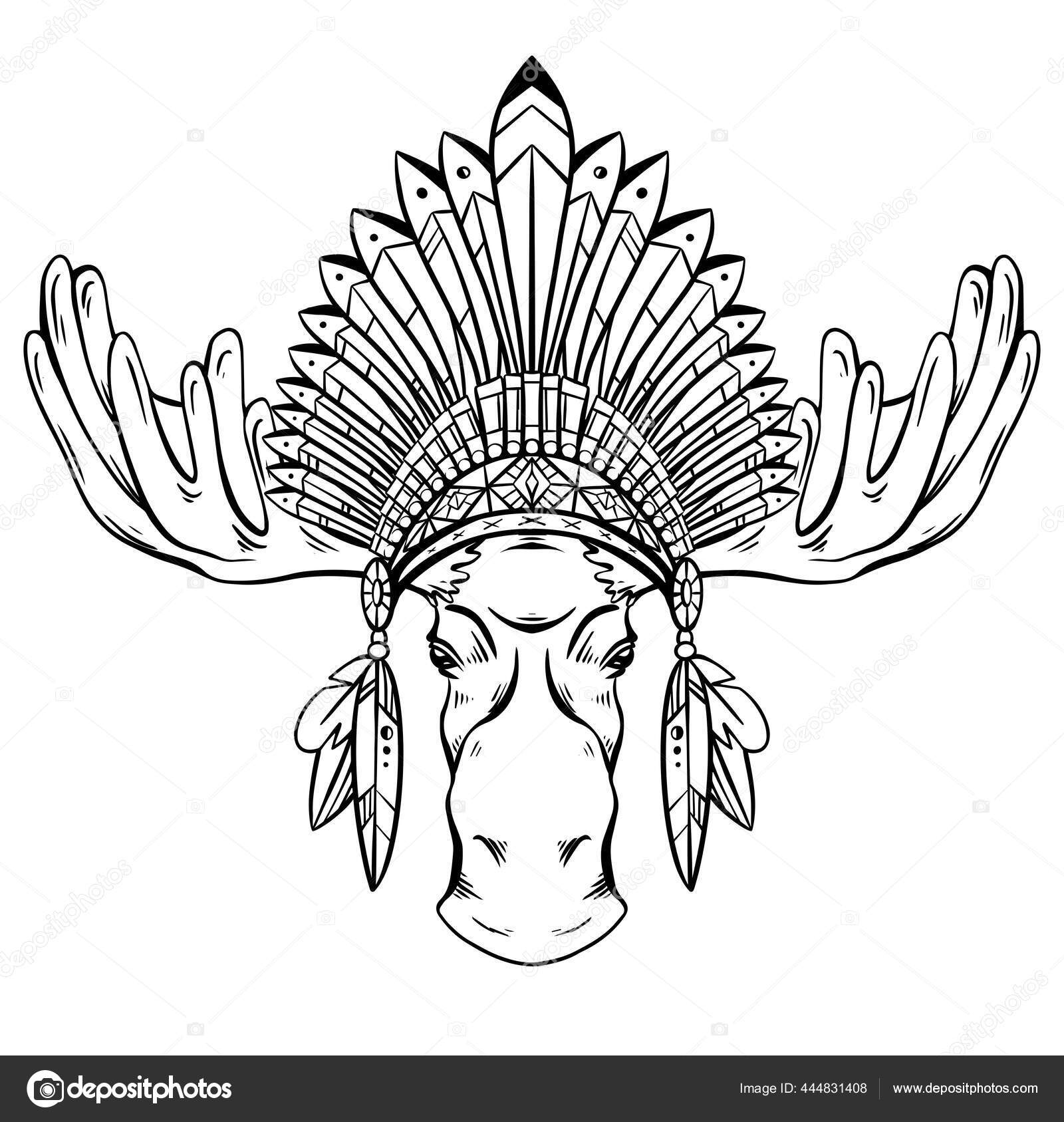 말코손바닥사슴의 머리에 깃털로 인도산 모자가 그려진 등고선 그림이 완성되었다 로치치치 스톡 벡터 - ©veleri 444831408, image size:1600x1687