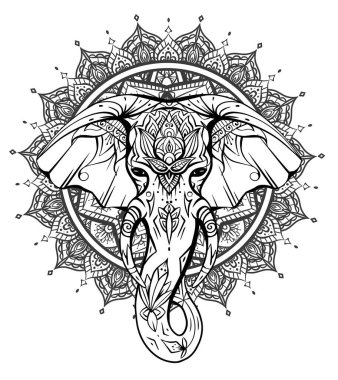 Sandıklı, dişli ve mandala arkaplanlı yerli fil kafası. Mandala 'lı Ganesha kafası. Renklendirme sayfaları, kartlar, afişler ve yaratıcılığınız için vektör silueti.