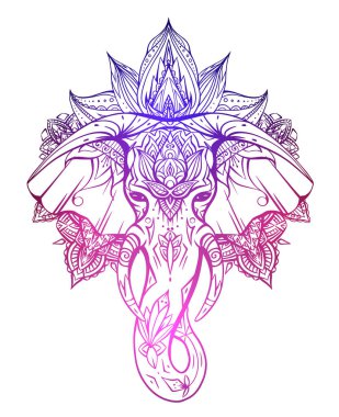 Gövdesi, fildişi ve boho süslemeleri olan bir yerli fil kafası. Mandala 'lı Ganesha kafası. Dövme, kart, pankart ve yaratıcılığınız için vektör renk silueti.