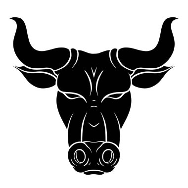 Siyah bir boğa kafası silueti. 2021 yılının sembolü. Boynuzlu metal bufalolar. Logolar, dövmeler, simgeler ve tasarımlarınız için hayvan kafasının vektör çizimi.