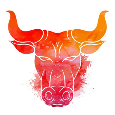 Suluboya lekeli bir boğanın kırmızı silueti. 2021 yılının sembolü. Boynuzlu bufalo. Logolar, dövmeler, simgeler ve tasarımlarınız için hayvan kafasının vektör renkli çizimi