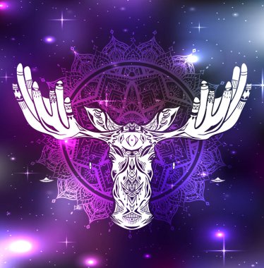 Etnik dekorasyona sahip bir geyik kafası ve mandala arka planında boynuzları olan bir geyik kafası. Kart, tişört izi, dövme ve tasarımınız için evrendeki Boho vektör çizimi
