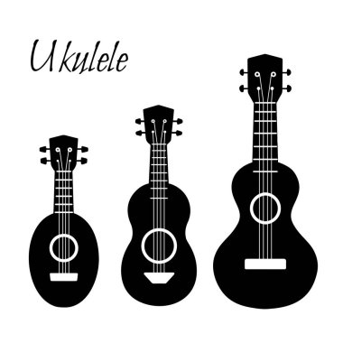 Siyah basit siluet ukulele seti. Hawai müziği. Müzik teli enstrümanı. Rozetler, pankartlar, çıkartmalar ve tasarım yaratıcılığınız için vektör ögesi