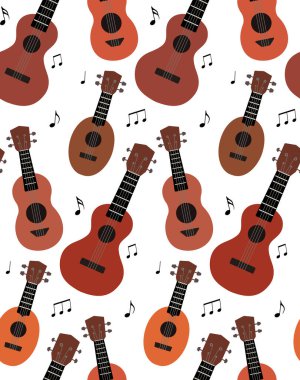 Beyaz arka planda notaları olan düz ukuleleli kusursuz desenler. Hawai müziği. Müzik teli enstrümanı. Kumaş, duvar kağıdı ve yaratıcılığın için kusursuz çizgi film dokusu.