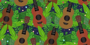 Pürüzsüz, düz ukuleli, müzikal notalı ve koyu arkaplanda tropikal yapraklar. Hawai müziği. Müzik teli enstrümanı. Kumaş, duvar kağıdı için kusursuz çizgi film doğa dokusu
