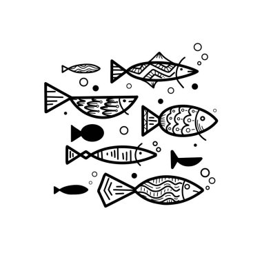 Boho desenli ve köpüklü farklı karalama balıkları. Balık sürüsü. Kartpostallar, boyama sayfaları, afişler ve tasarımınız için vektör lagünü nesnesi.