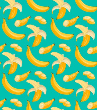Turkuaz arka planda çeşitli sulu muzlar olan dikişsiz çizgi film desenleri. Tropik moda meyveler. Kumaşlar, duvar kağıtları ve yaratıcılığınız için vektör deseni.