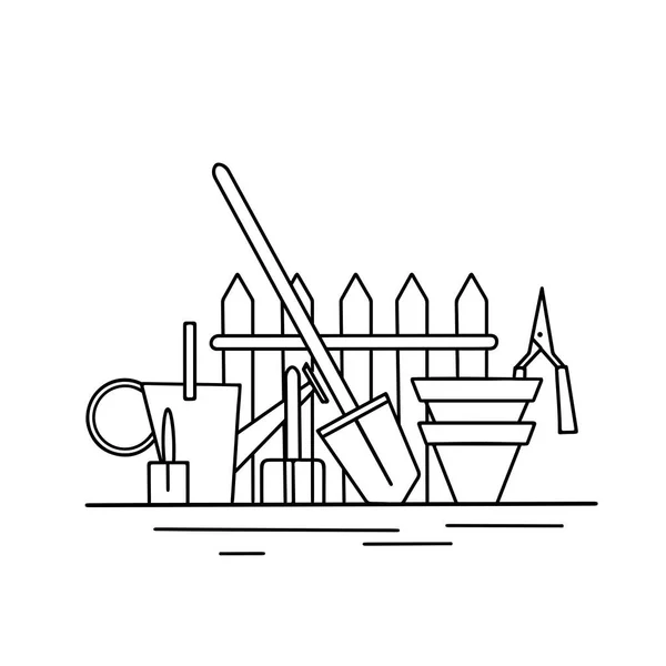 Obrysové Ilustrace Zahradnických Nástrojů Zavlažování Plechovky Lopaty Hrábě Hrnce Plot — Stockový vektor