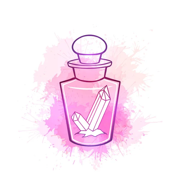 Намалюйте Чарівну Скляну Пляшку Дорогоцінними Каменями Всередині Фіолетовими Акварельними Бризками — стоковий вектор