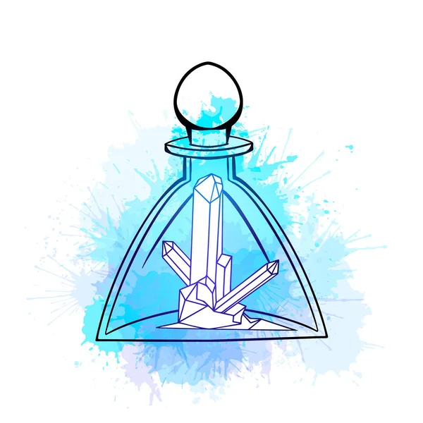 Umriss Dreieck Magische Glasflasche Mit Edelsteinen Inneren Und Blauen Aquarell — Stockvektor