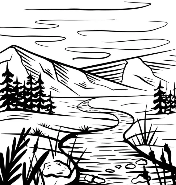 Природний Ескіз Лугу Річкою Горами Ярмарками Спокійний Дикий Пейзаж Векторний — стоковий вектор