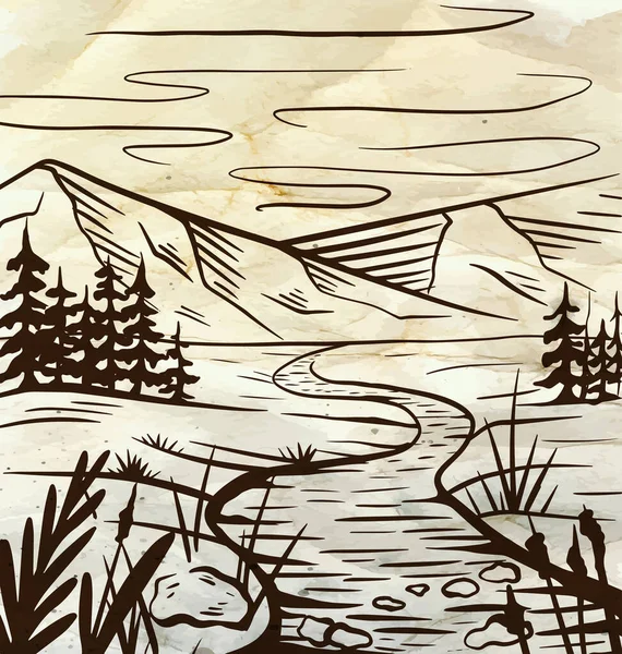 Nehirli Bir Çayır Dağların Eski Kağıtların Üzerindeki Köknar Ağaçlarının Çizimi — Stok Vektör