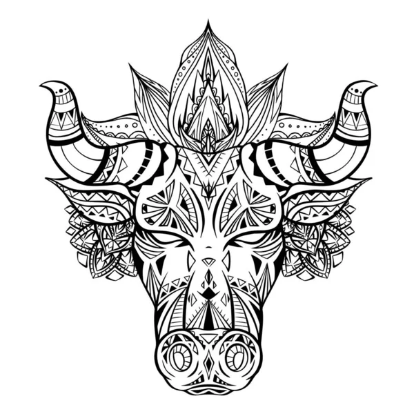 Boho装飾と曼荼羅と牛頭の概要図 2021年のシンボルです 地元のバッファローを角で輪郭を描く 入れ墨とあなたのデザインのための動物の頭のベクトルイラスト — ストックベクタ