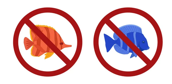 Zestaw Tropikalnych Ryb Znaku Zakazu Zakaz Połowów Niebezpieczeństwo Alergii Ikona — Wektor stockowy