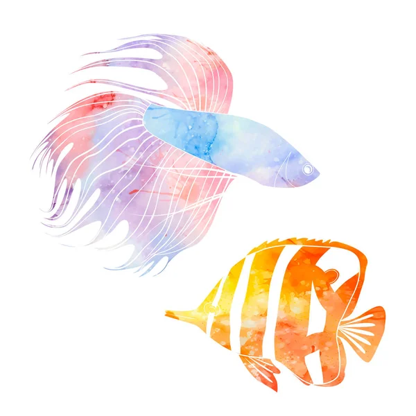 Conjunto Varios Peces Tropicales Acuarela Aislados Del Fondo Fauna Marina — Vector de stock