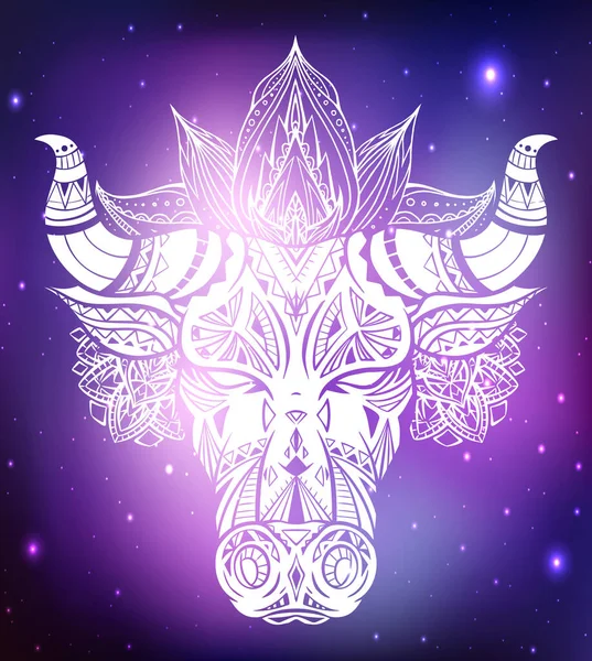 Boho装飾 マンダラと空間の背景を持つ雄牛の頭の白いイラスト 2021年のシンボルです 水牛の角を宇宙の角で輪郭を描く 動物の頭のベクトル図 — ストックベクタ