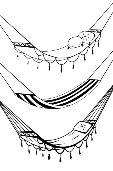 一套各种各样的素描吊床 休息和健康的睡眠 用于卡片 横幅和创意的矢量油墨等高线对象 — 图库矢量图片
