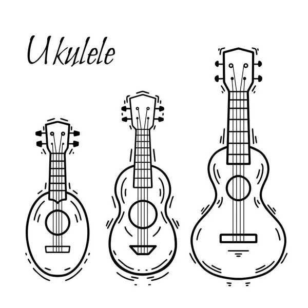 Állítsa Kontúr Ukulele Díszítéssel Hawaii Zene Hangszerhúr Vektor Vázlat Elem — Stock Vector