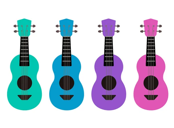 Set Aus Flacher Mehrfarbiger Cartoon Ukulele Hawaiianische Musik Musikinstrument Vektor — Stockvektor
