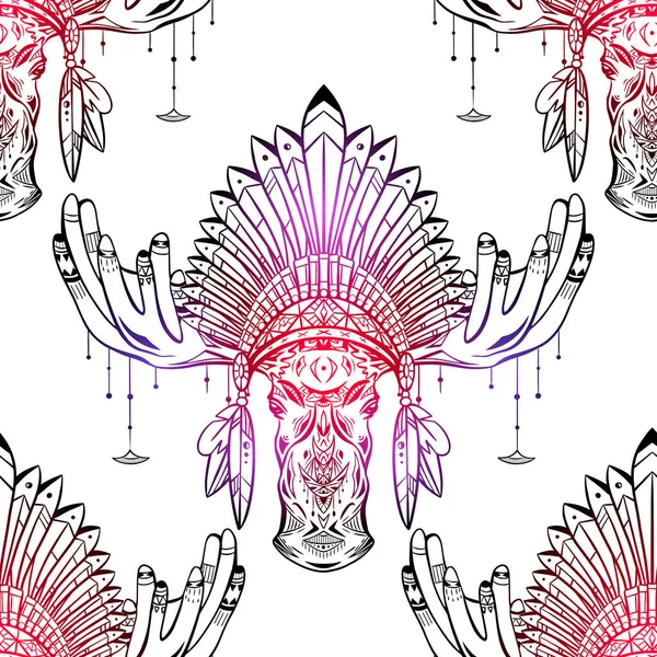 말코손바닥사슴의 머리에 깃털로 인도산 모자가 무늬가 로치치치 당신의 디자인을 텍스처 — 스톡 벡터
