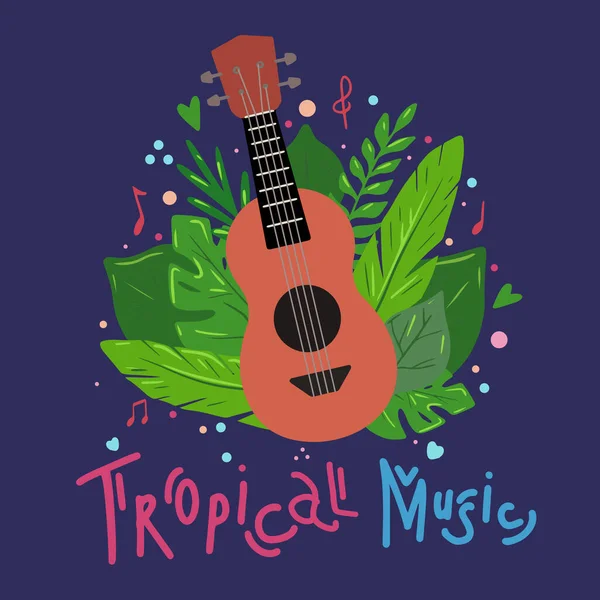 熱帯音楽 熱帯のエキゾチックな葉と濃い青の背景に隔離された音楽ノートを持つ漫画のウクレレ ハワイの弦楽器 ポスター バナー あなたの創造性のためのベクトルフラットポストカード — ストックベクタ
