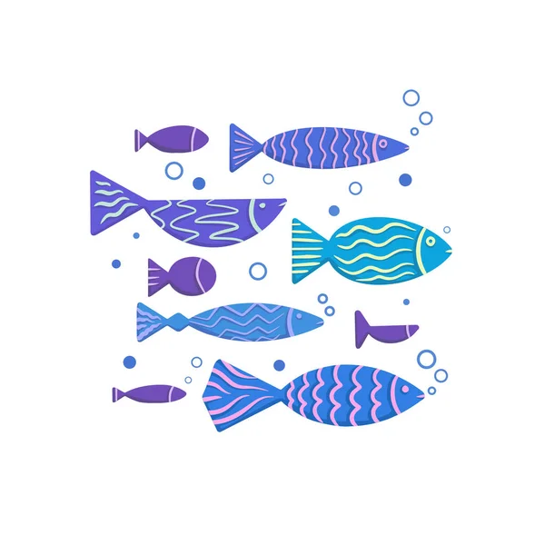 ブーブー柄と泡の異なるブルーのドードル魚のセット 魚の学校 はがき ステッカー バナー あなたのデザインのためのベクトルフラットラグーンオブジェクト — ストックベクタ