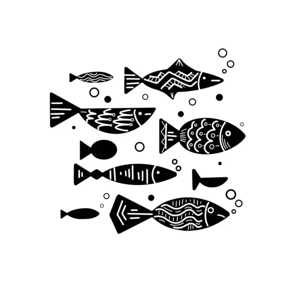 Conjunto Silueta Negra Diferentes Peces Con Patrón Boho Garabato Burbujas — Vector de stock