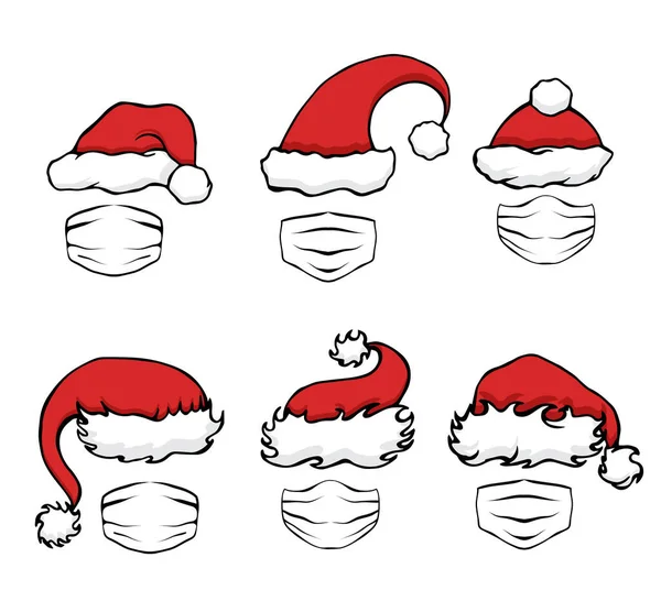 漫画サンタクロースの帽子保護面付き クリスマスは隔離されてる パンデミックの間の安全な休日 アイコン ポストカード デザインのベクトルオブジェクトのセット — ストックベクタ