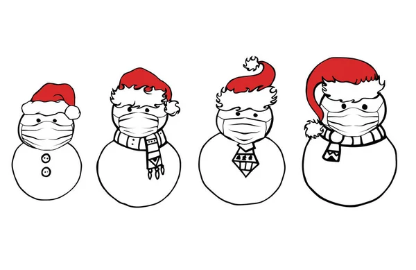 Мультфильм Снеговик Шляпах Санта Клауса Защитных Масках Лица Рождество Карантине — стоковый вектор
