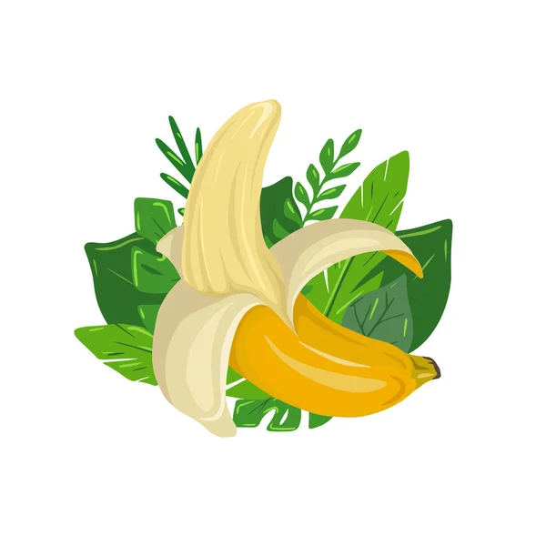 Caricature Banane Ouverte Avec Des Feuilles Tropicales Fond Blanc Délicieux — Image vectorielle